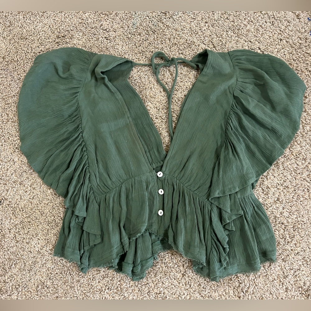 Free People Valentina Flutter Top Green V-neck Button Short Sleeve Back Tie